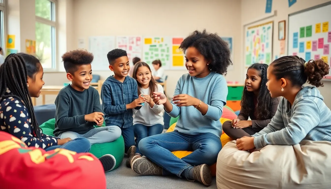 students collaborating in a bright alternative education classroom.