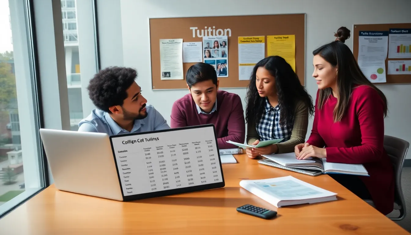 students discussing tuition costs in a modern classroom.