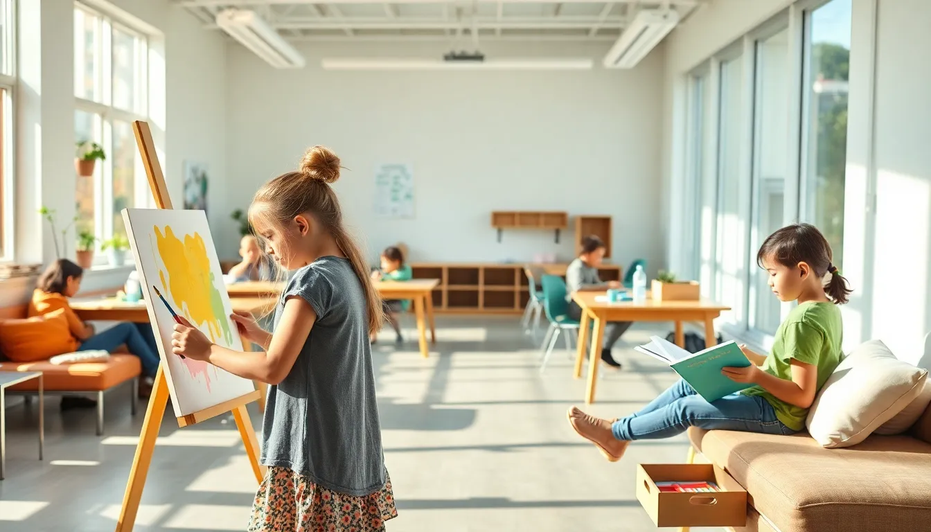 diverse students engaged in creative learning activities in a modern classroom.