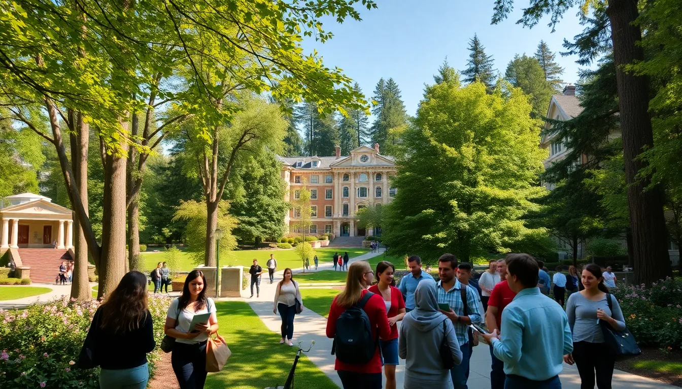 students engaging in discussion on a picturesque college campus.