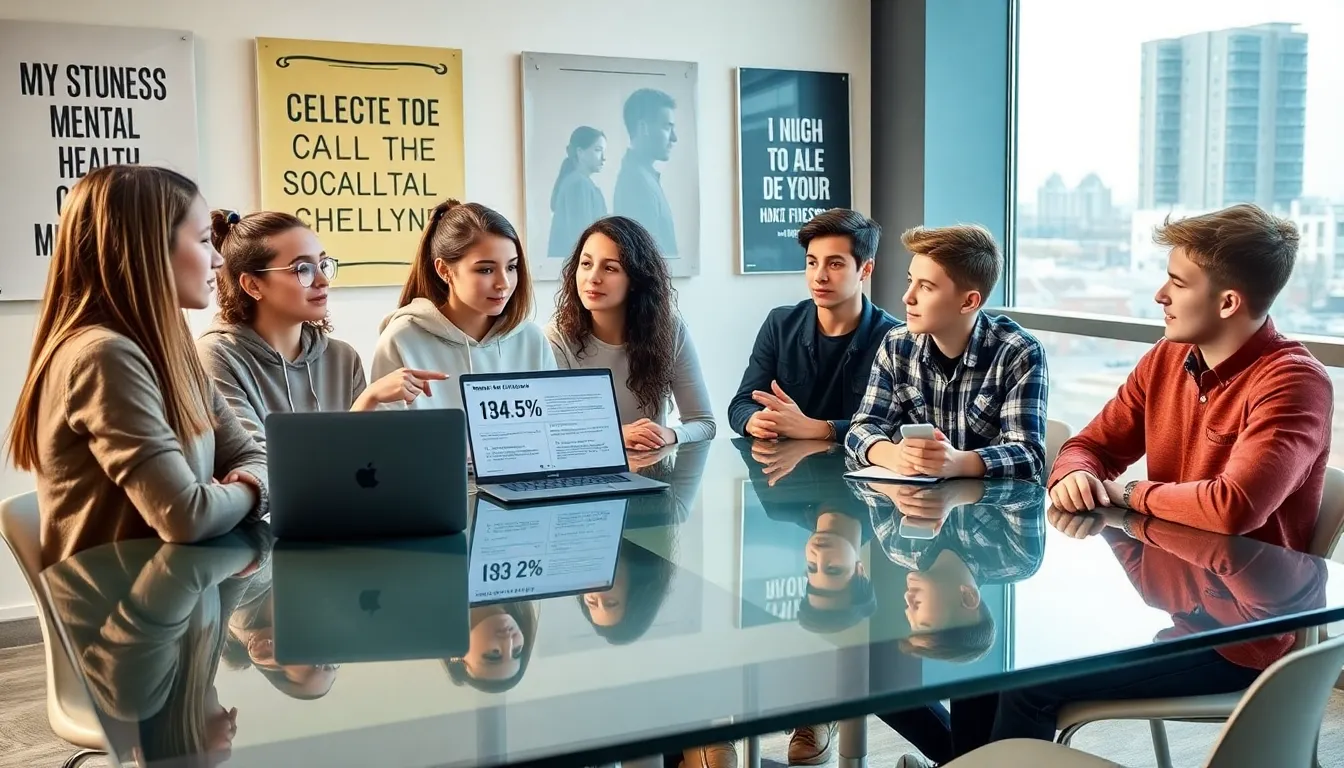 diverse teens discussing mental health in a modern office setting.