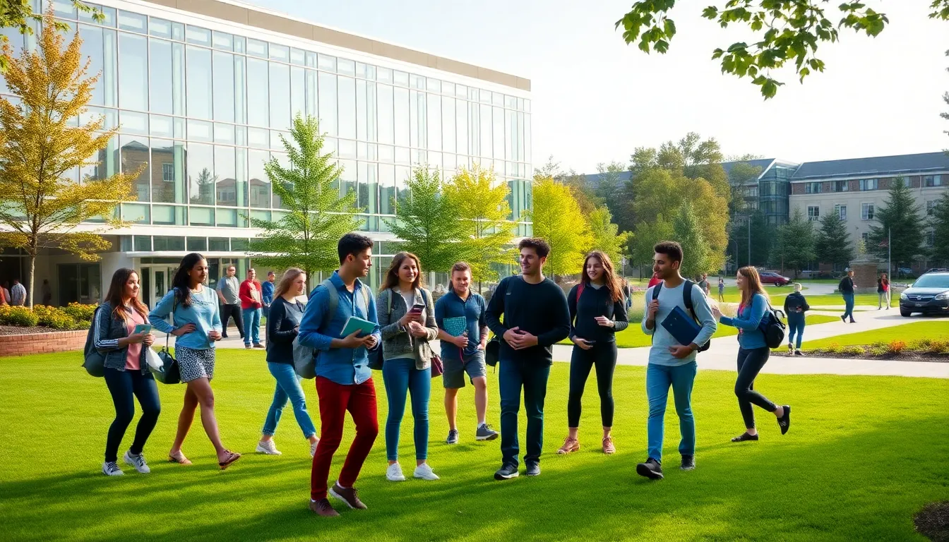diverse students on campus at Nichols College in a modern setting.
