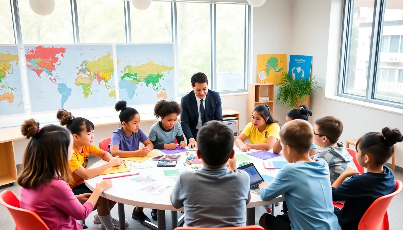 students collaborating in a modern classroom setting, embodying alternative education values.