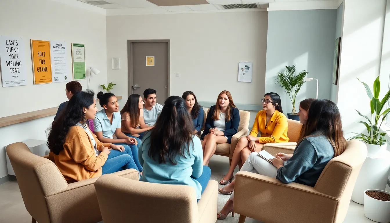 teens in a supportive group therapy session in a hospital room.