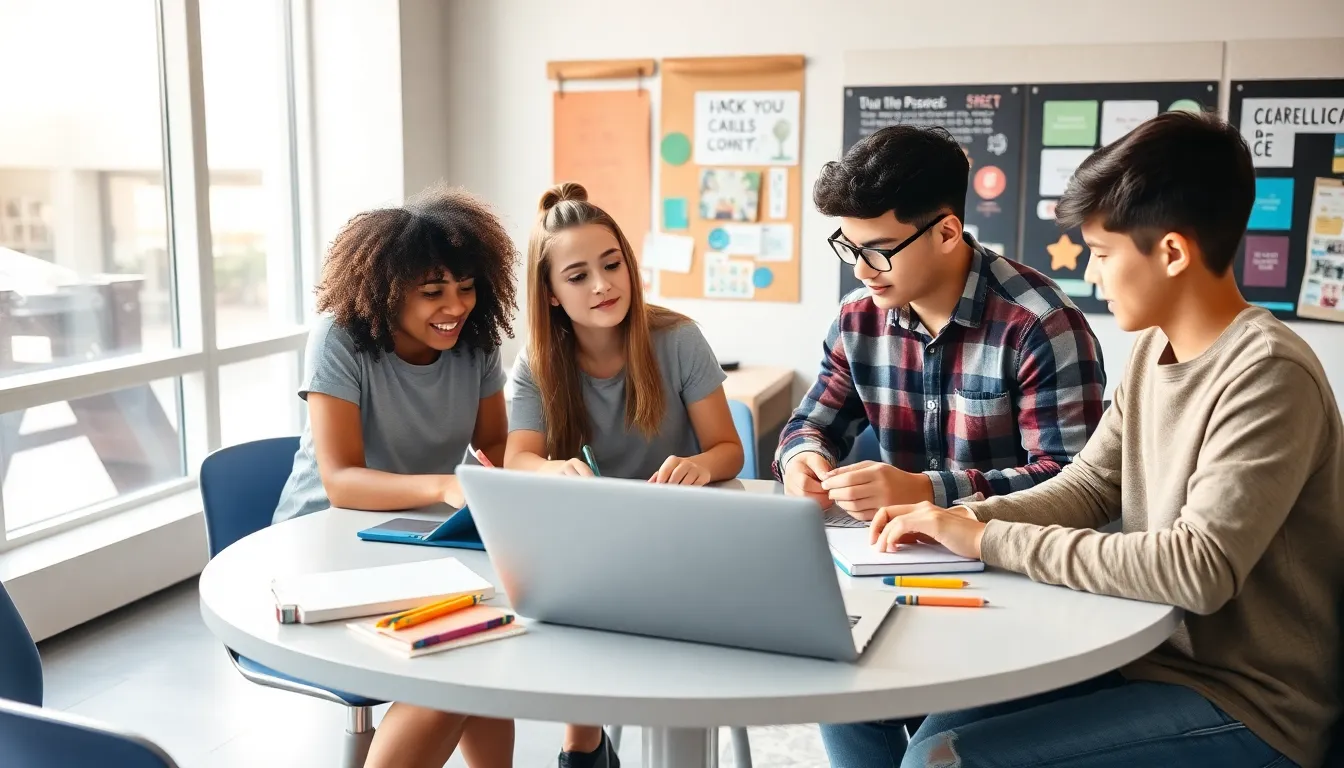 diverse teenagers collaborating in a modern classroom setting.
