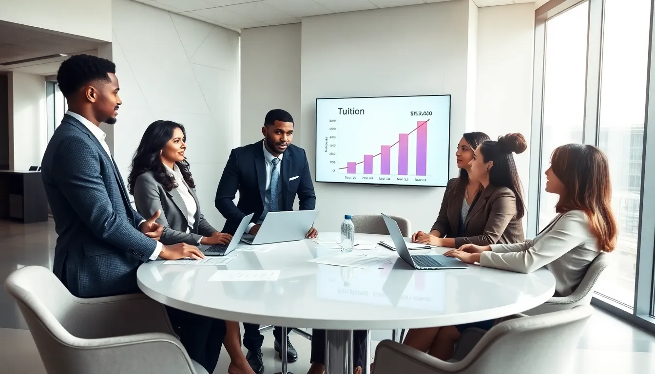 diverse team discussing education expenses in a modern office