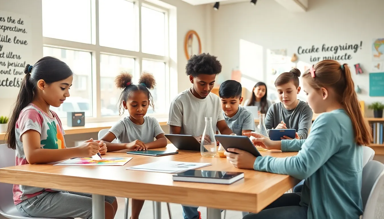 diverse students engaged in hands-on learning in a modern classroom.