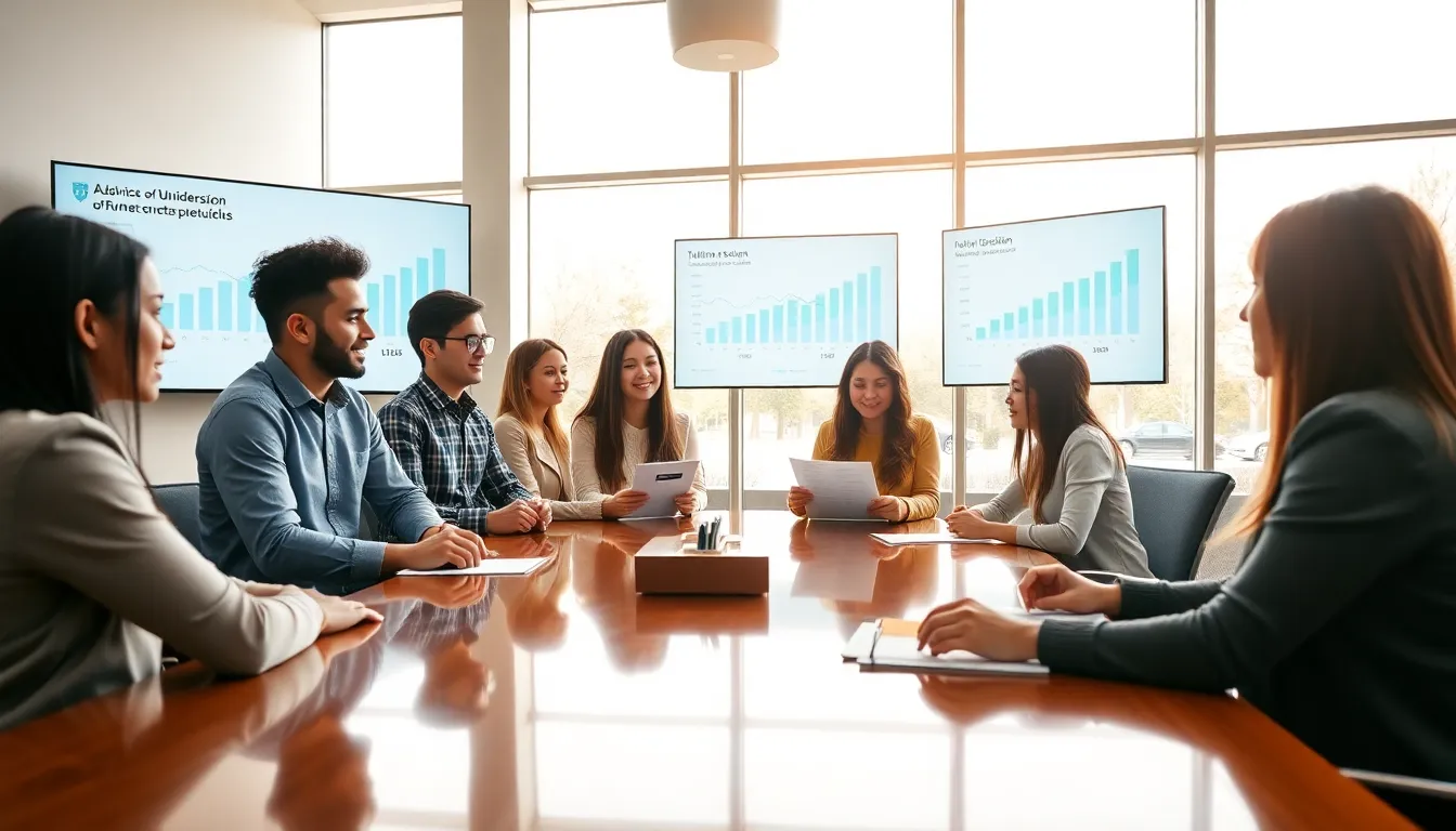 diverse students discussing college tuition in a modern classroom.